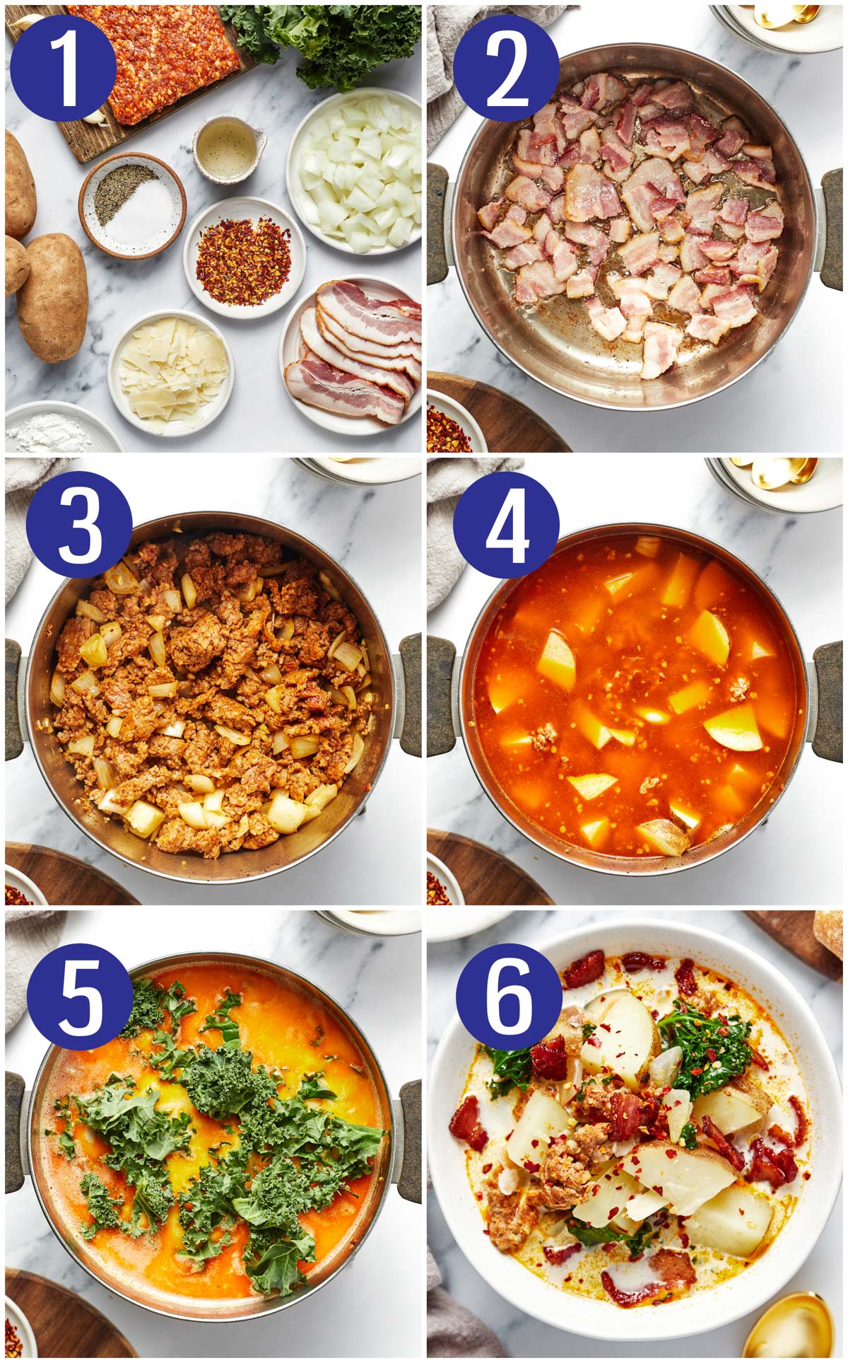 Step by step collage for Zuppa Toscana: ingredients, browning bacon, browning sausage, adding in chicken stock and potatoes, adding in cream, cornstarch, and kale, finished dish.  