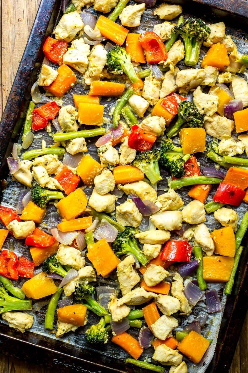 Close up of sheet pan honey dijon chicken.