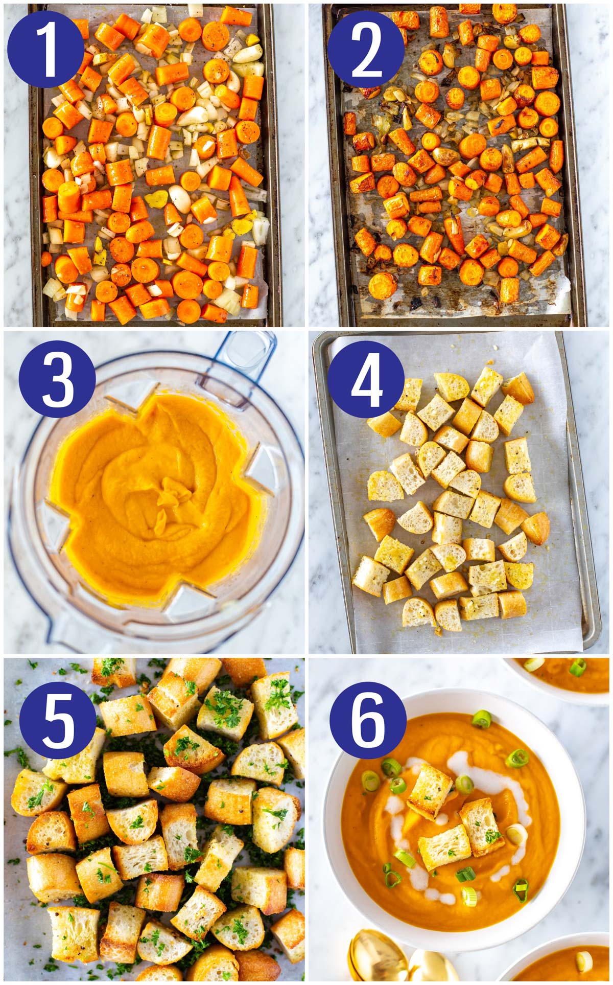 Step by step collage for making Carrot Ginger Soup: prep vegetables, roast vegetables, puree soup, cut up croutons, bake croutons, and make carrot ginger soup.