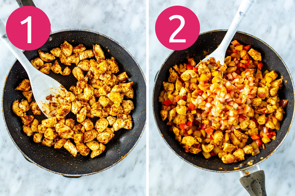 Collage of chicken quesadilla step 1 & 2