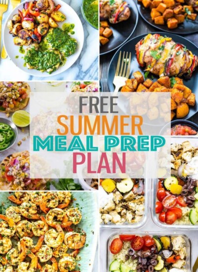 A collage of five different light summer dinners with the text "Free Summer Meal Prep Plan" layered over top.