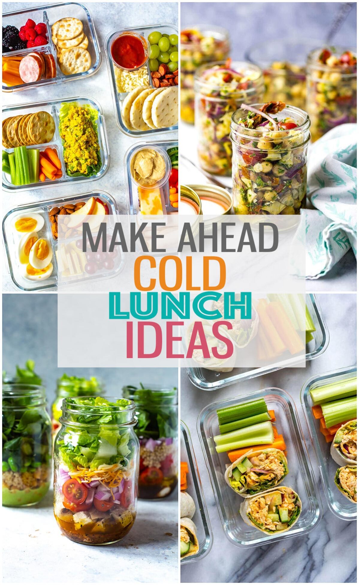 A collage of four different lunches with the text "Make Ahead Cold Lunch Ideas" layered over top. 