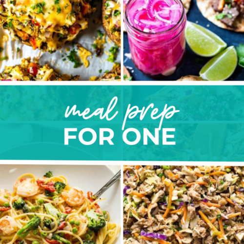 collage of 4 meal prepped recipes suited for one person