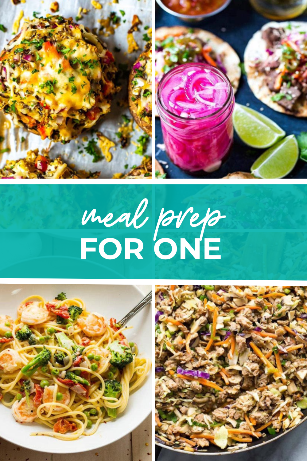 collage of 4 meal prepped recipes suited for one person