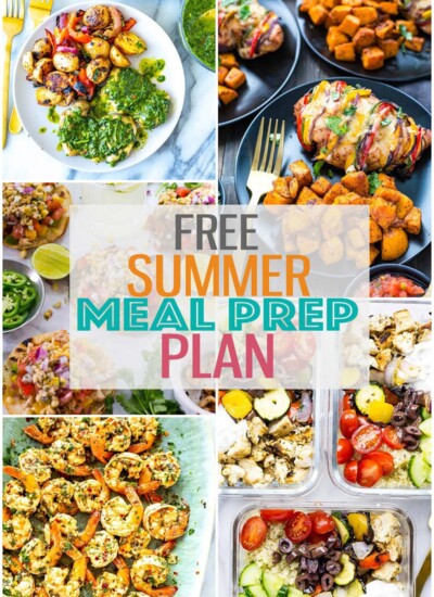 A collage of five different light summer dinners with the text "Free Summer Meal Prep Plan" layered over top.