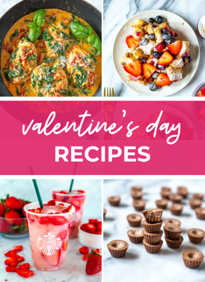overhead shot of 4 meals with pink banner in the middle reading "valentine's day recipes"