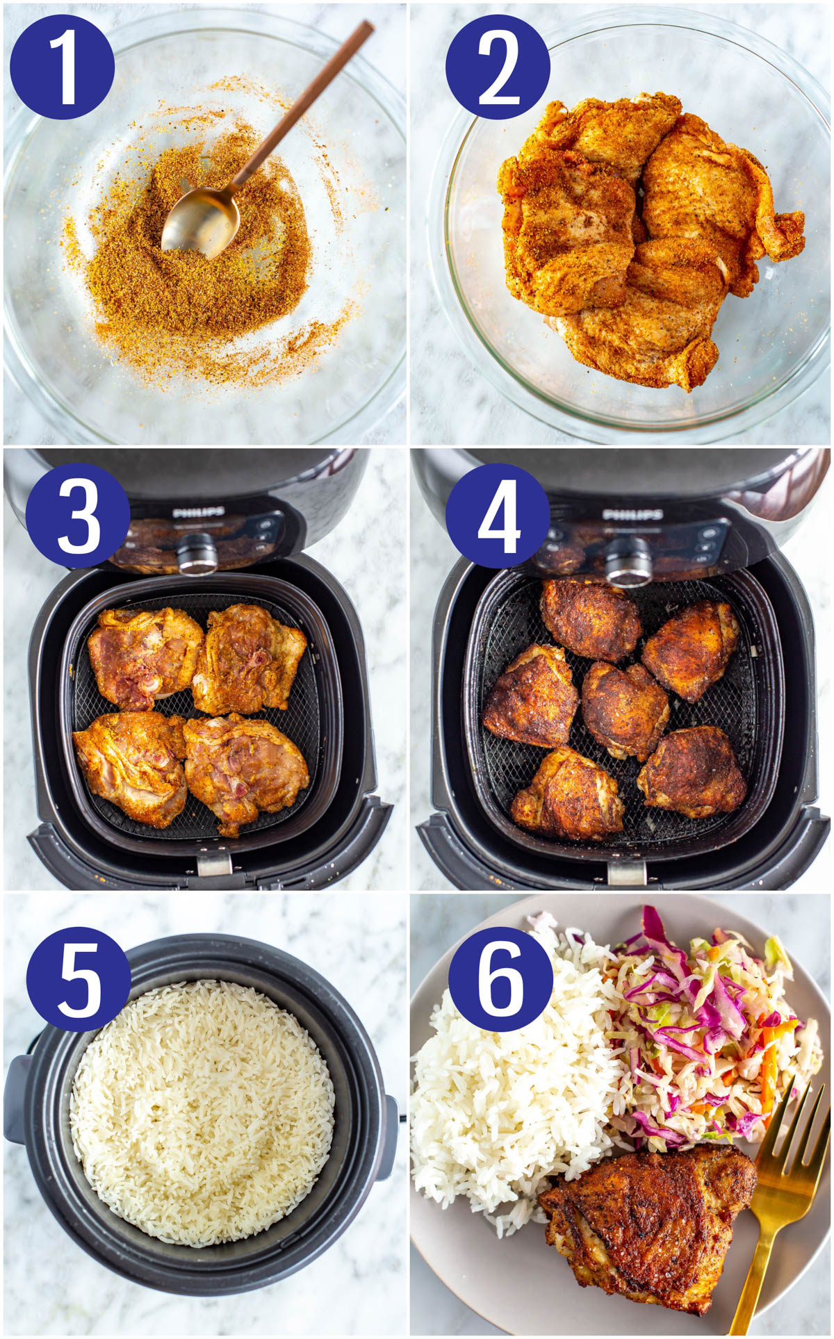 Collage of how to make air fryer chicken thighs step by step