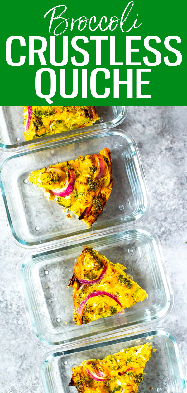 This Broccoli Cheddar Crustless Quiche is a delicious and healthy breakfast idea that you can make ahead of time. Add your favourite fillings! #broccolicheddar #crustlessquiche