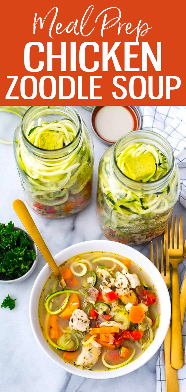 These Spiralized Zucchini Chicken Noodle Soup Jars are a perfect low-carb meal prep idea. Just add boiling water, microwave and enjoy! #mealprep #zoodles #chickensoup