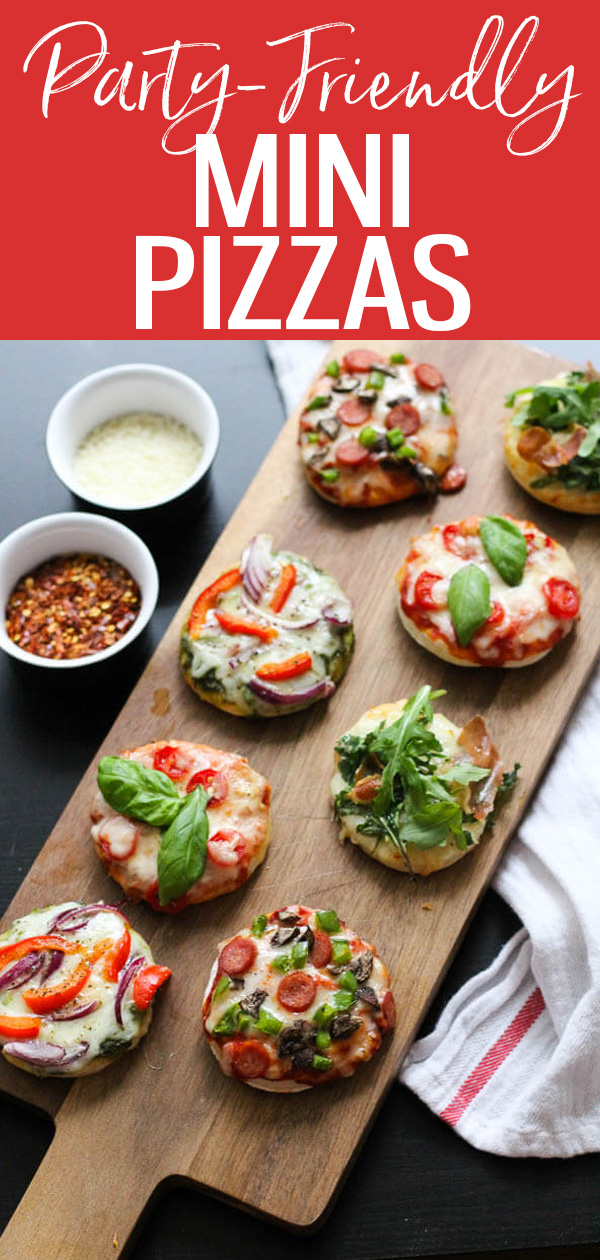 These Party-Friendly Mini Pizzas are so cute and super easy to throw together – all you need is pizza dough and your favourite toppings. #partyfood #minipizzas