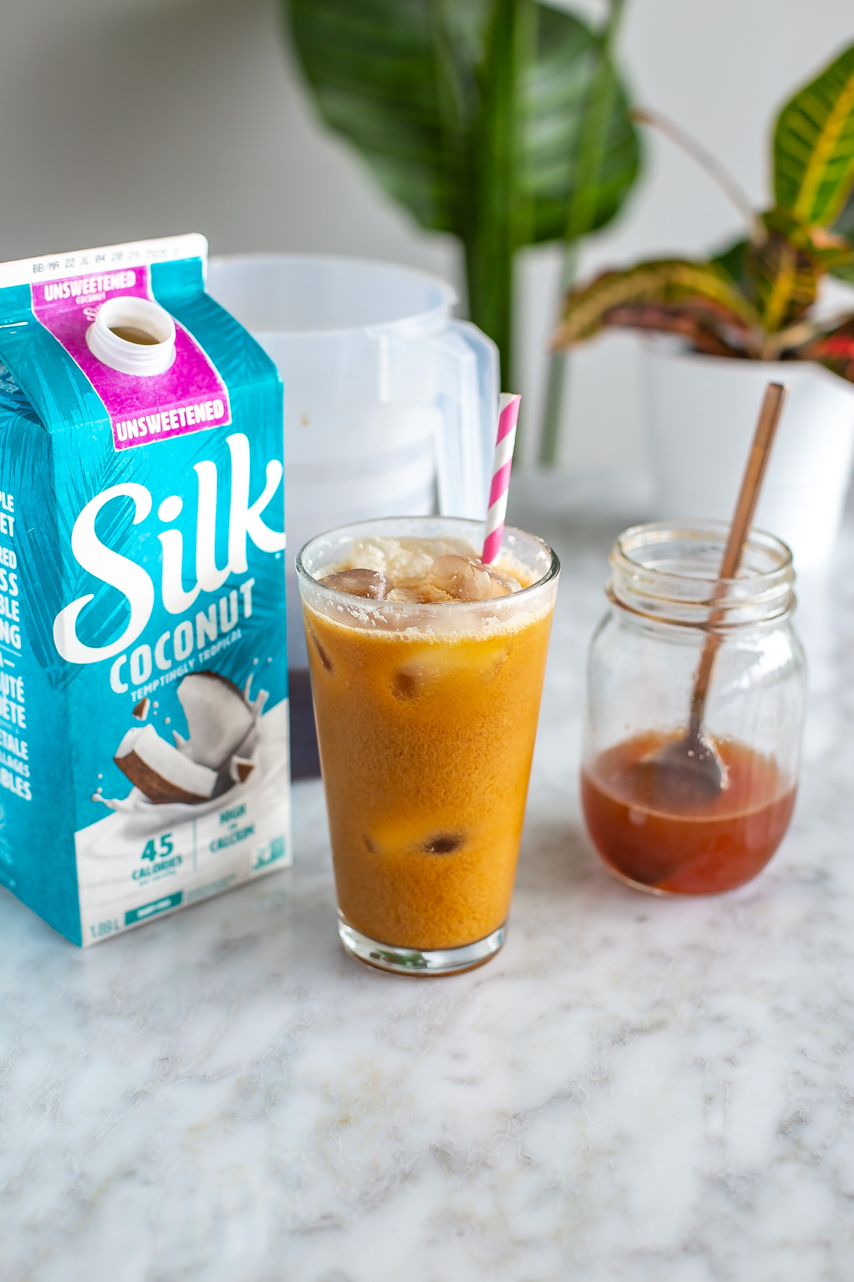 A glass of toasted coconut cold brew placed in between a carton of coconut milk and toasted coconut syrup.