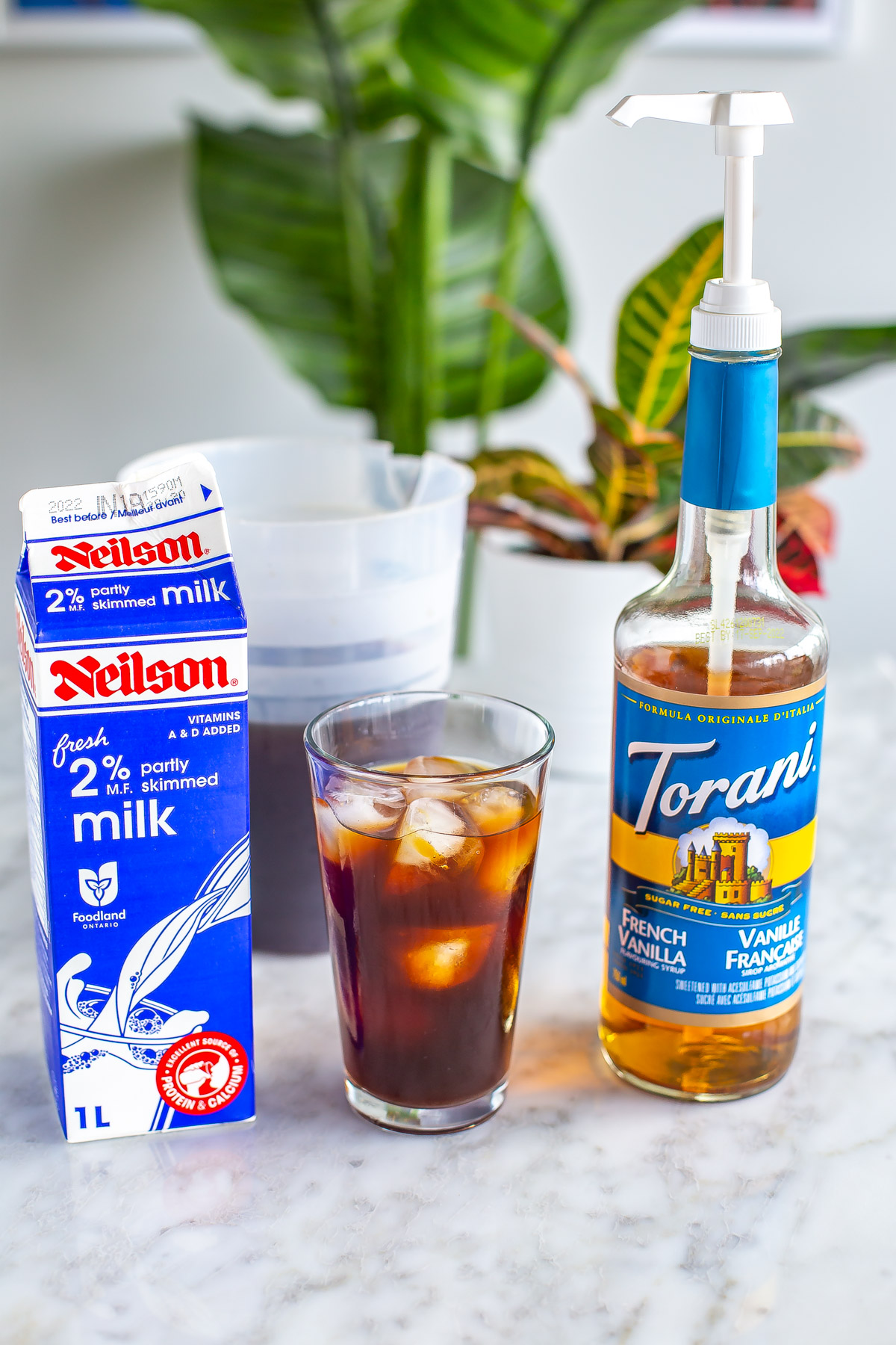A glass of french vanilla cold brew placed in between a carton of milk and french vanilla syrup.