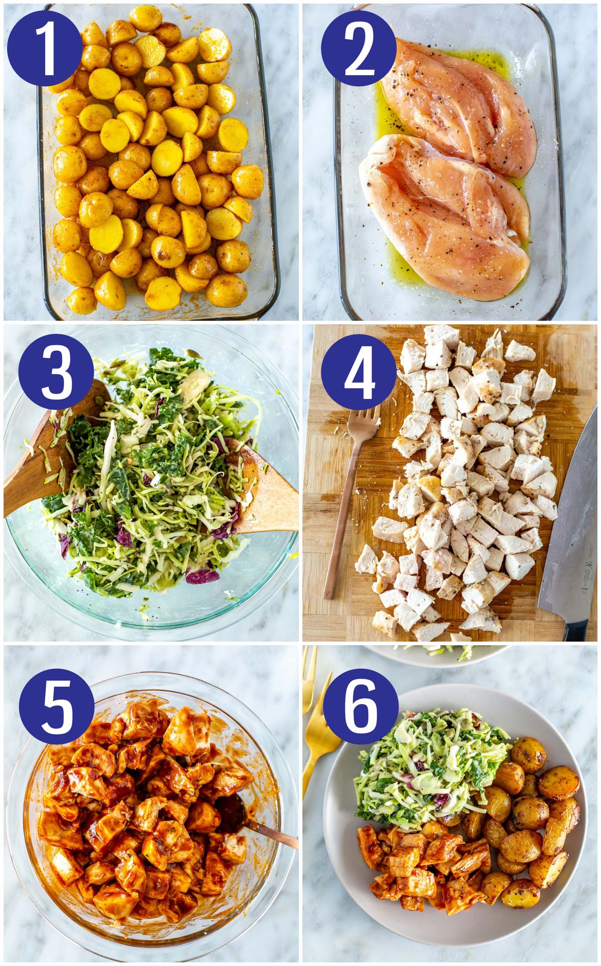 Step-by-step instructions collage for baked BBQ chicken meal prep: Roast potatoes, cook chicken, make kale salad, cut up chicken, coat in BBQ sauce, assemble meal prep containers.