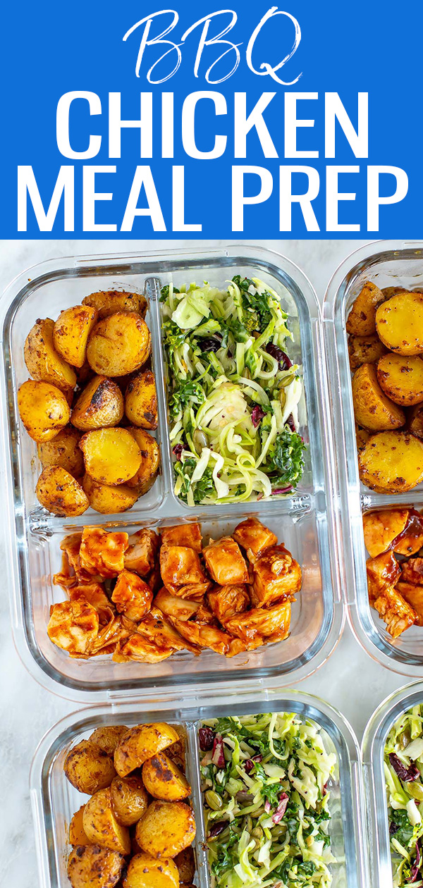 This Baked BBQ Chicken is so easy and packed with flavour. Serve it with baby potatoes and kale salad for the best meal prep lunch! #bbqchicken #mealprep