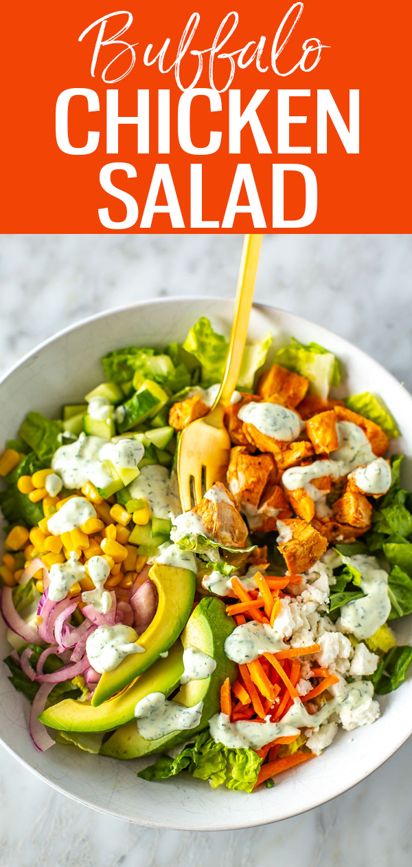 This easy Buffalo Chicken Salad is the perfect veggie-packed lunch - it's topped with a homemade ranch dressing that's low in calories! #buffalochicken #salad