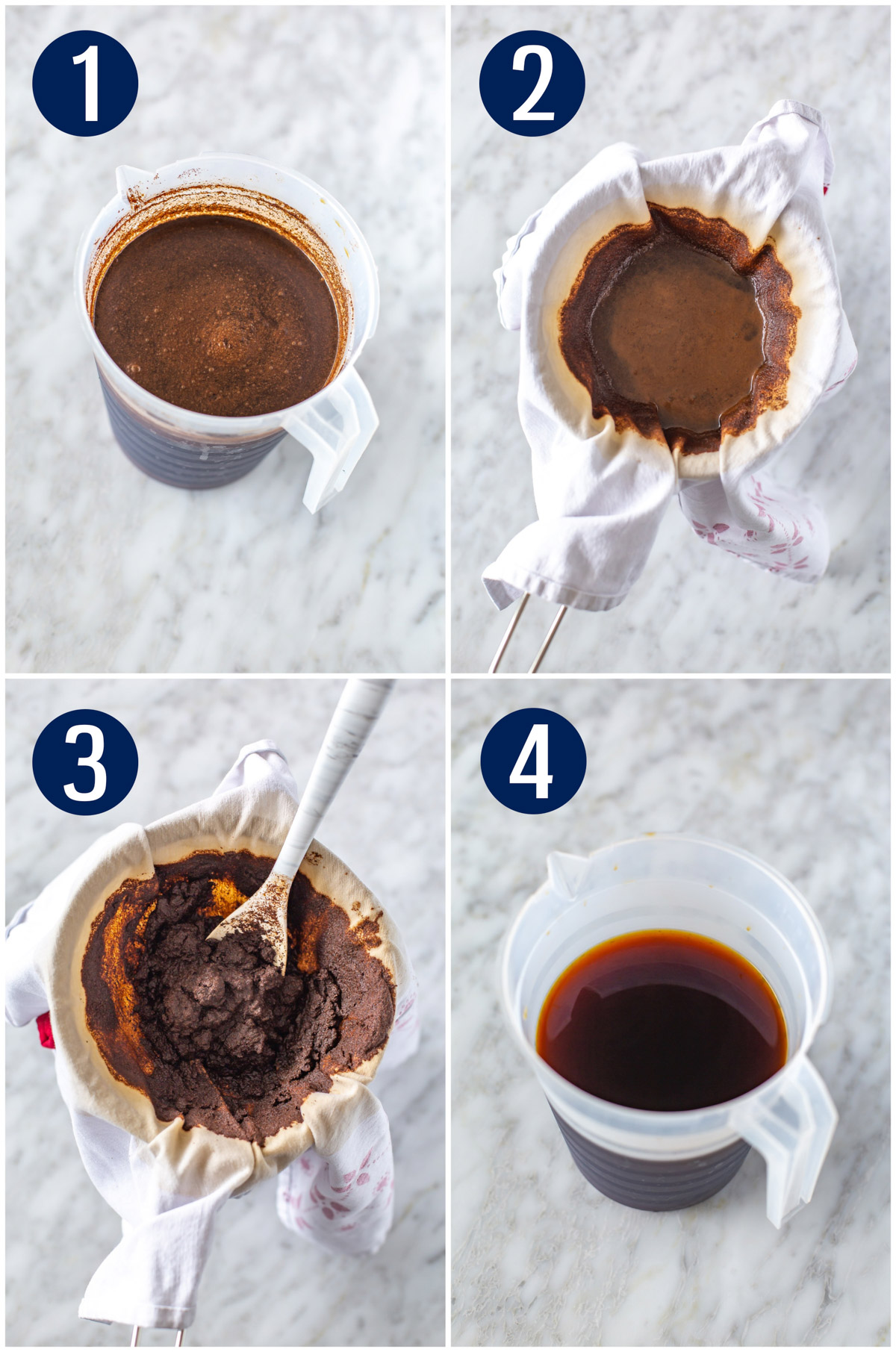 Step-by-step instructions collage for making cold brew coffee: brew coffee overnight in pitcher, drain in cheese cloth, get all liquid out from cheese cloth, store in clean pitcher.