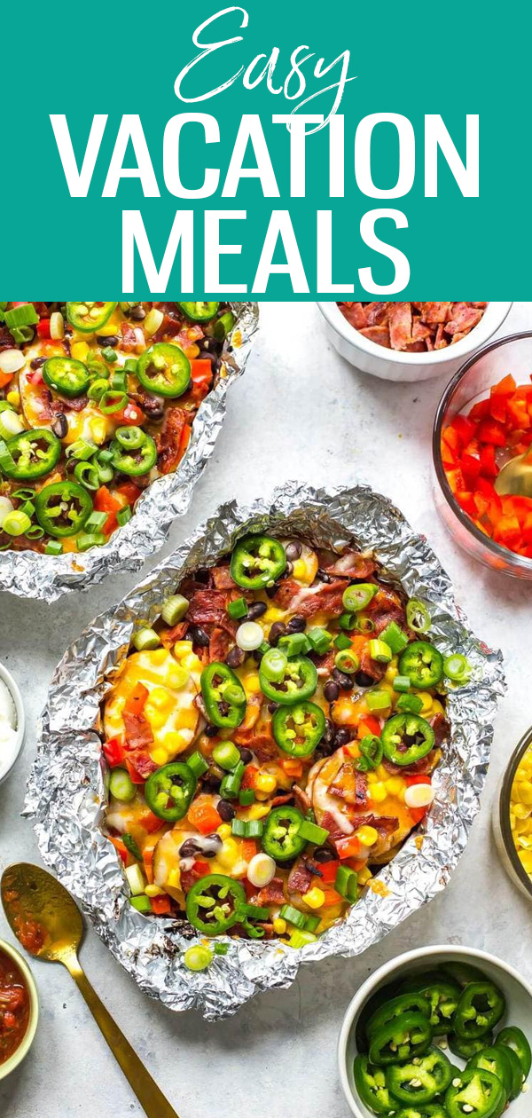 These Easy Vacation Meals are perfect for camping - they can be made ahead, heated up from frozen, or even cooked outside on the grill! #vacationmeals #campingmeals