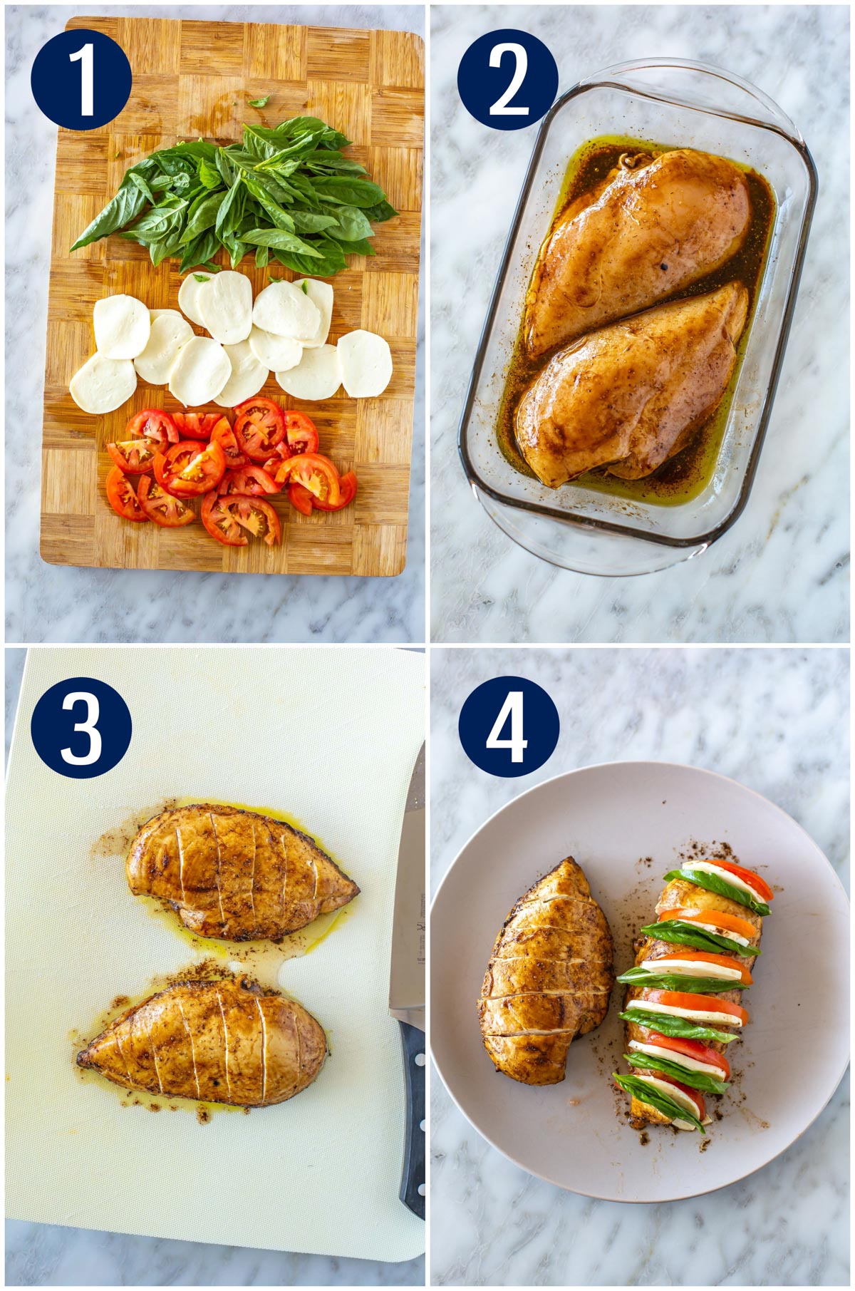 Step-by-step instructions for hasselback caprese chicken: prepare tomatoes, mozzarella and basil, marinate chicken, cut slices in cooked chicken, stuff chicken with tomatoes, mozzarella and basil.