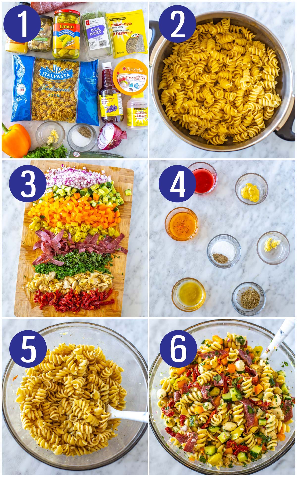 Step-by-step instructions collage for making pasta salad: assemble ingredients, cook pasta, chop ingredients, mix pasta with dressing, add the rest of the ingredients.