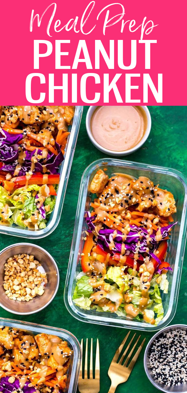 These Peanut Chicken Meal Prep Bowls are a healthy low-carb lunch idea full of colourful veggies, sautéed chicken and yummy peanut sauce. #peanutchicken #mealprep