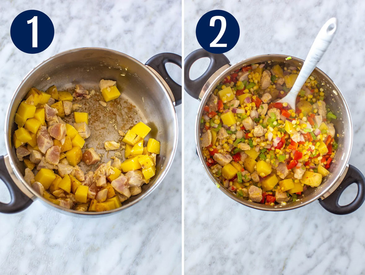 Steps 1 and 2 for making chicken corn chowder