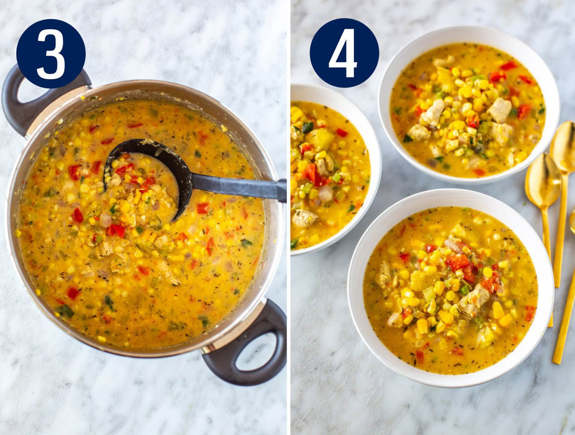 Steps 3 and 4 for making chicken corn chowder
