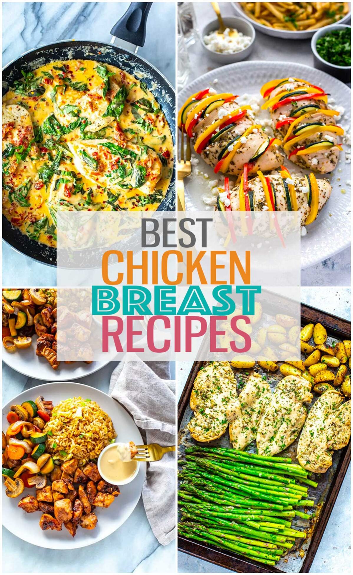 A collage featuring four different chicken breast recipes with the text "Best Chicken Breast Recipes" layered over top.