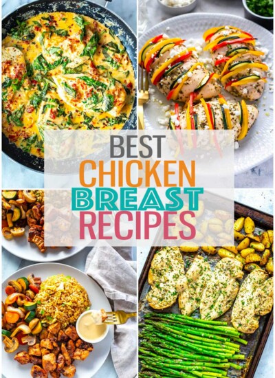 A collage featuring four different chicken breast recipes with the text "Best Chicken Breast Recipes" layered over top.
