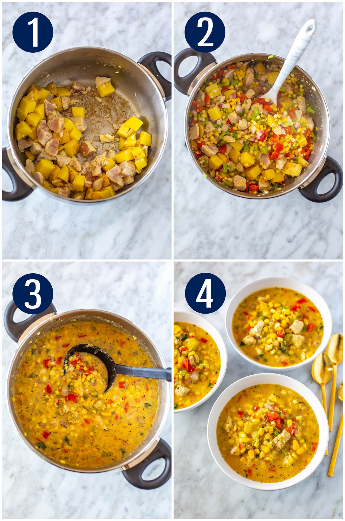 Step-by-step collage for making chicken corn chowder: cook potatoes and chicken, add veggies, add broth and cream, stir and serve.