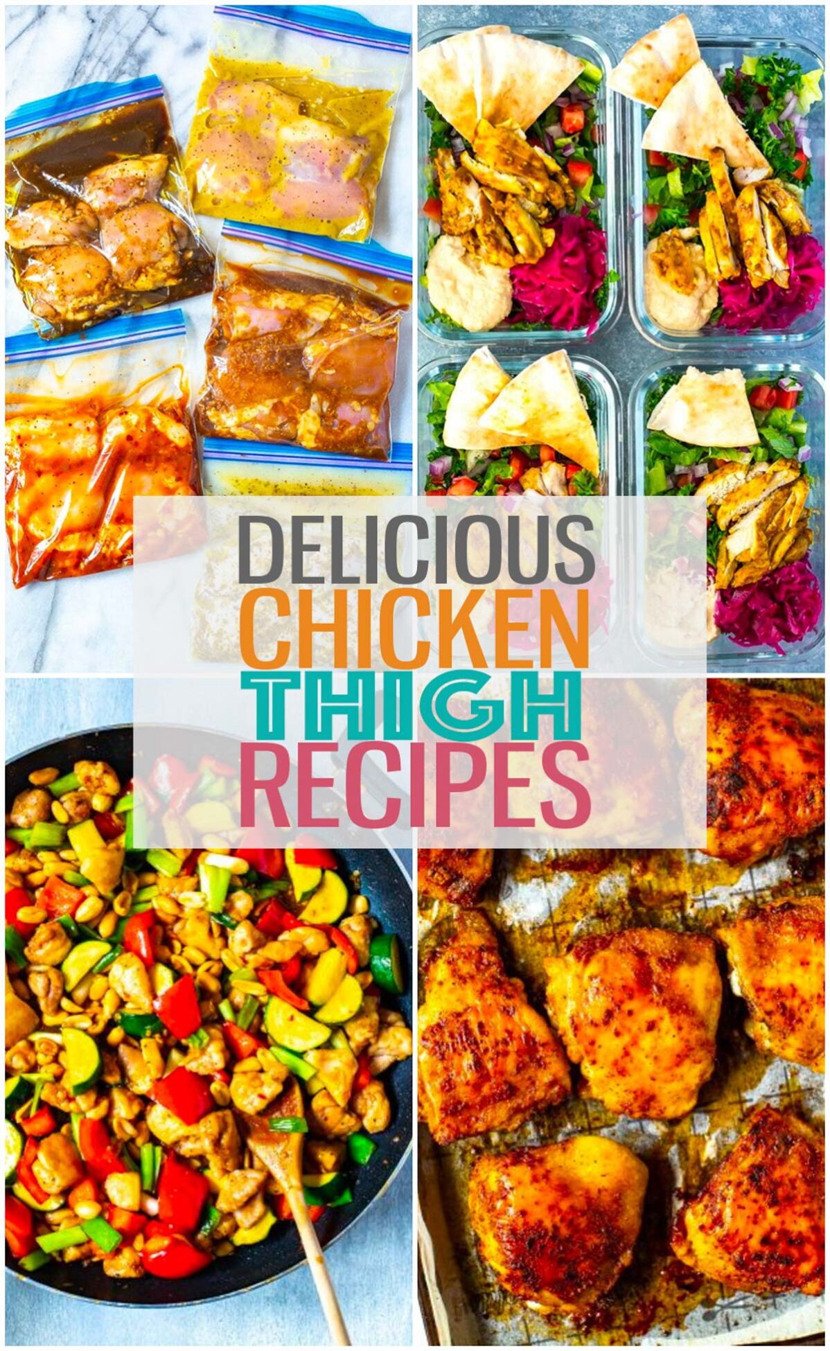 A collage of four different chicken thigh recipes with the text "Delicious Chicken Thigh Recipes" layered over top.
