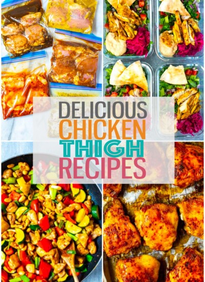 A collage of four different chicken thigh recipes with the text "Delicious Chicken Thigh Recipes" layered over top.