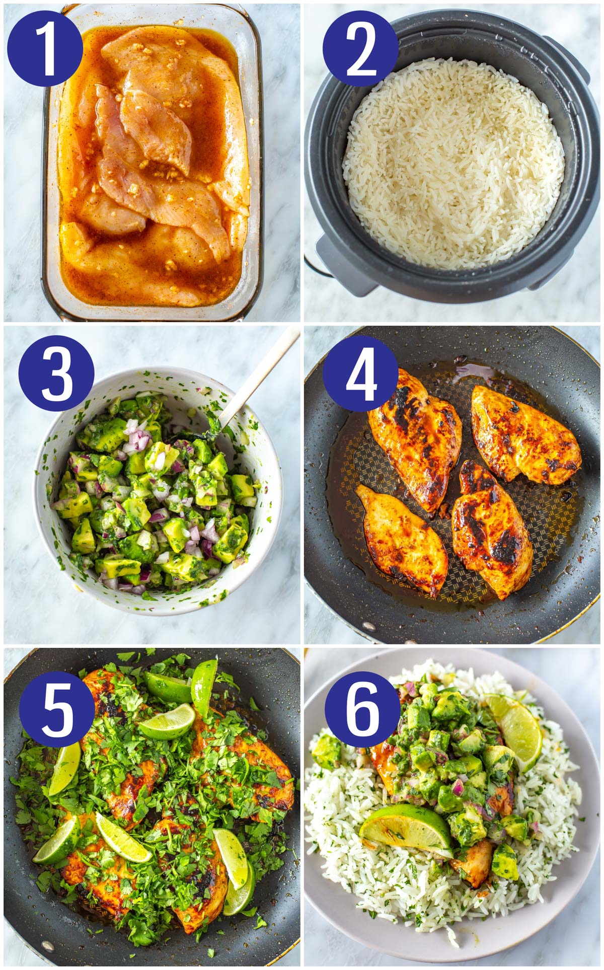 Step-by-step instructions collage for making cilantro lime chicken and rice: marinate chicken, make rice, make avocado salsa, cook chicken, add cilantro and limes, serve.