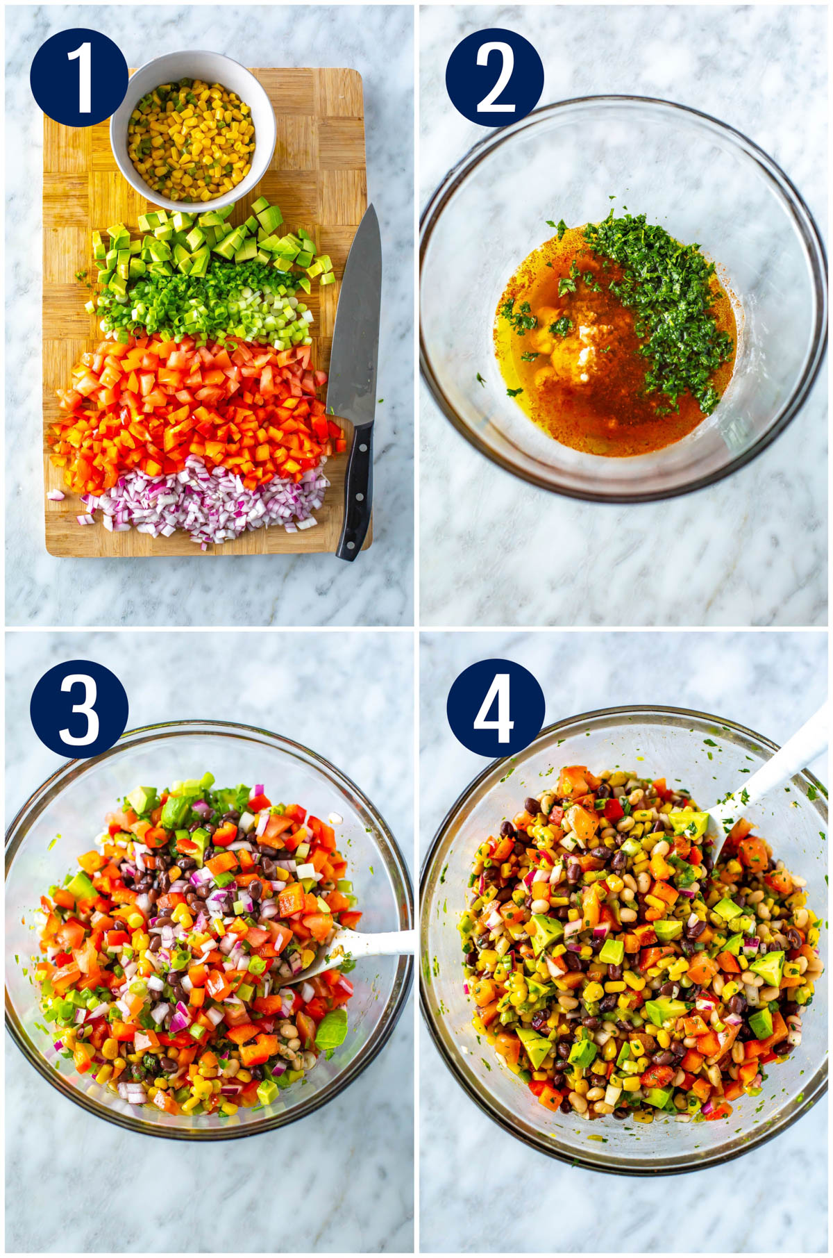 Step-by-step instructions collage for making cowboy caviar: chop veggies, make dressing, mix and let rest for 2 hours.