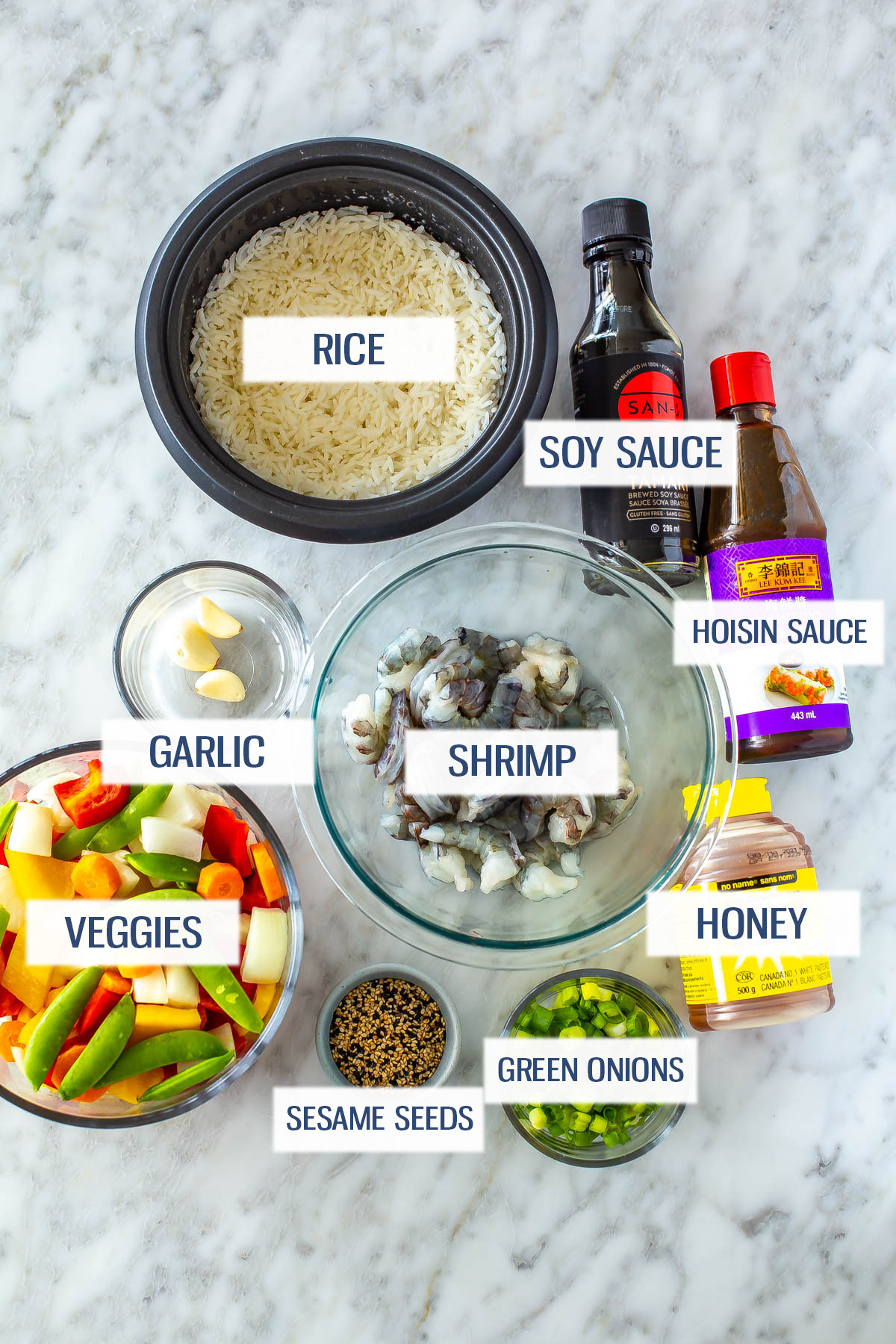 Ingredients for honey garlic shrimp stir fry: rice, soy sauce, hoisin sauce, garlic, shrimp, honey, green onions, sesame seeds, and assorted veggies.