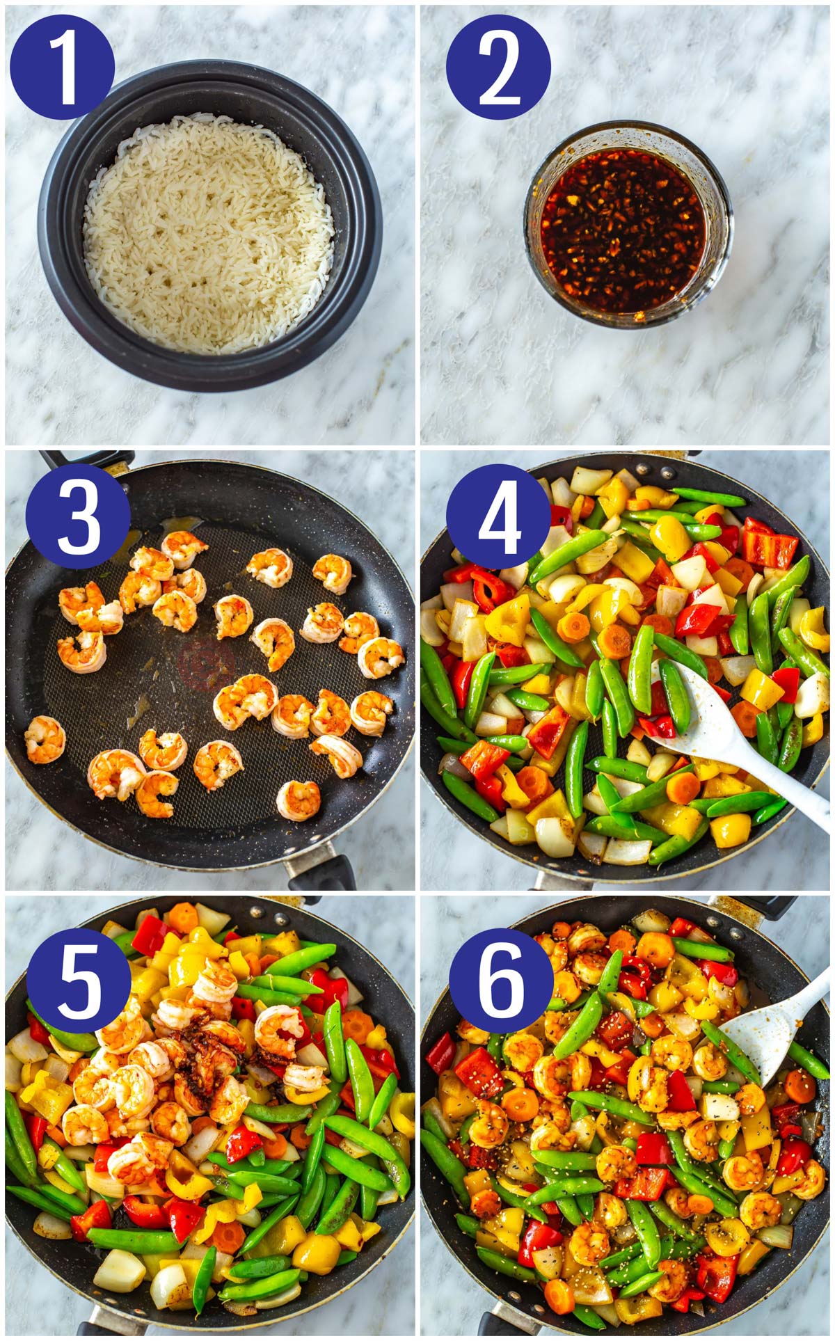 Step-by-step instructions collage for honey garlic shrimp stir fry: make rice, make sauce, cook shrimp, cook veggies, mix shrimp, veggies and sauce together, then garnish with sesame seeds.