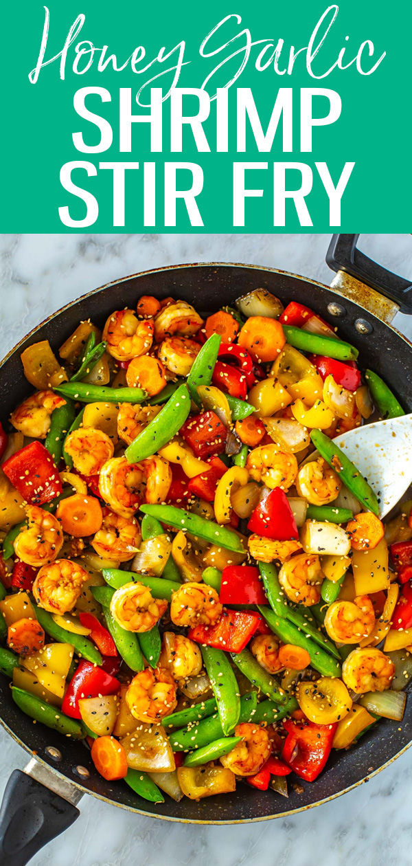 This Honey Garlic Shrimp Stir Fry is the easiest dinner! It takes just 30 minutes to cook and the sauce is made with pantry staples, too.  #honeygarlicshrimp #stirfry