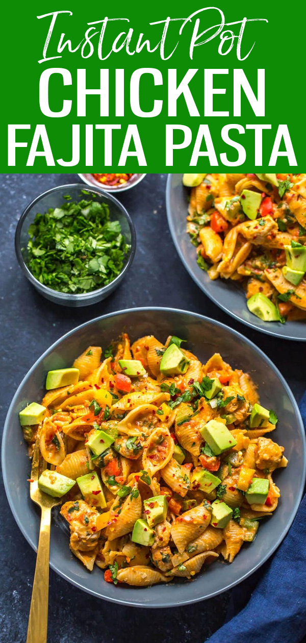 This Instant Pot Chicken Fajita Pasta with salsa and bell peppers is a delicious one pot meal. Just dump in all your ingredients and serve! #instantpot #chickenfajitapasta