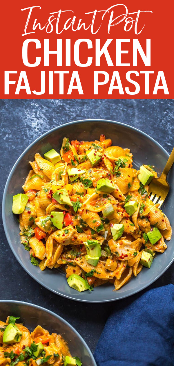 This Instant Pot Chicken Fajita Pasta with salsa and bell peppers is a delicious one pot meal. Just dump in all your ingredients and serve! #instantpot #chickenfajitapasta