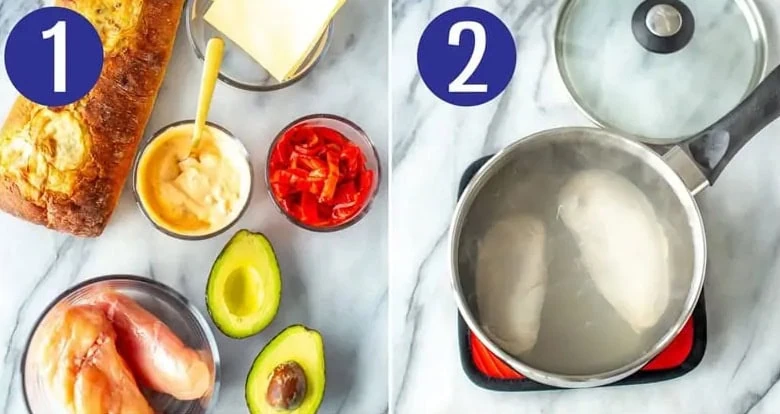 Steps 1 and 2 for making a Chipotle chicken avocado melt