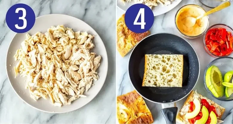 Steps 3 and 4 for making a Chipotle chicken avocado melt