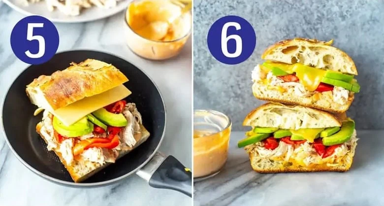Steps 5 and 6 for making a Chipotle chicken avocado melt
