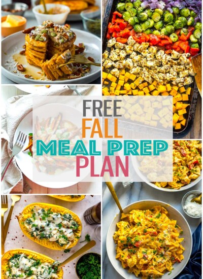 A collage of five different fall meals with the text "Free Fall Meal Prep Plan" layered over top.