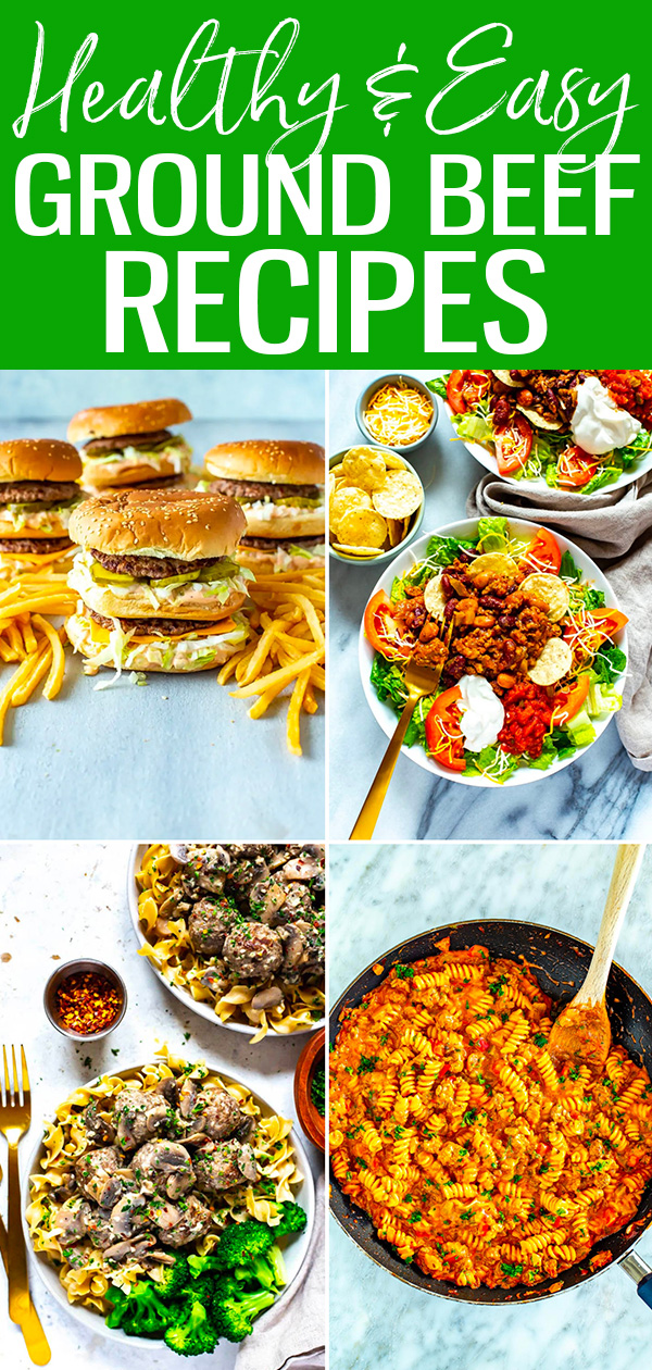 These Healthy & Easy Ground Beef Recipes make tasty dinners or quick meal prep lunches! Try burgers, meatballs, or low carb options. #healthyrecipes #groundbeef