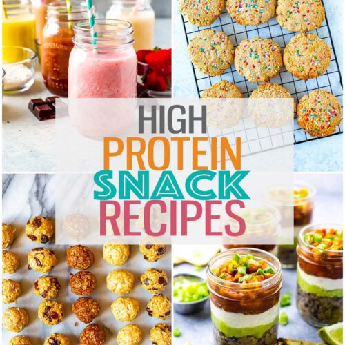 A collage featuring 4 different high protein snacks with the text "High Protein Snack Recipes" layered over top.