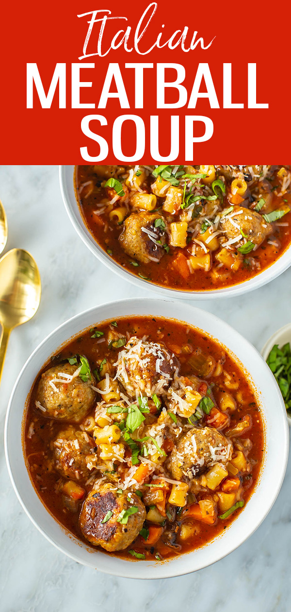 This Italian Turkey Meatball Soup is comfort in a bowl! It's so hearty, full of flavour and made lighter with turkey meatballs. #italianmeatballsoup #turkeymeatballs