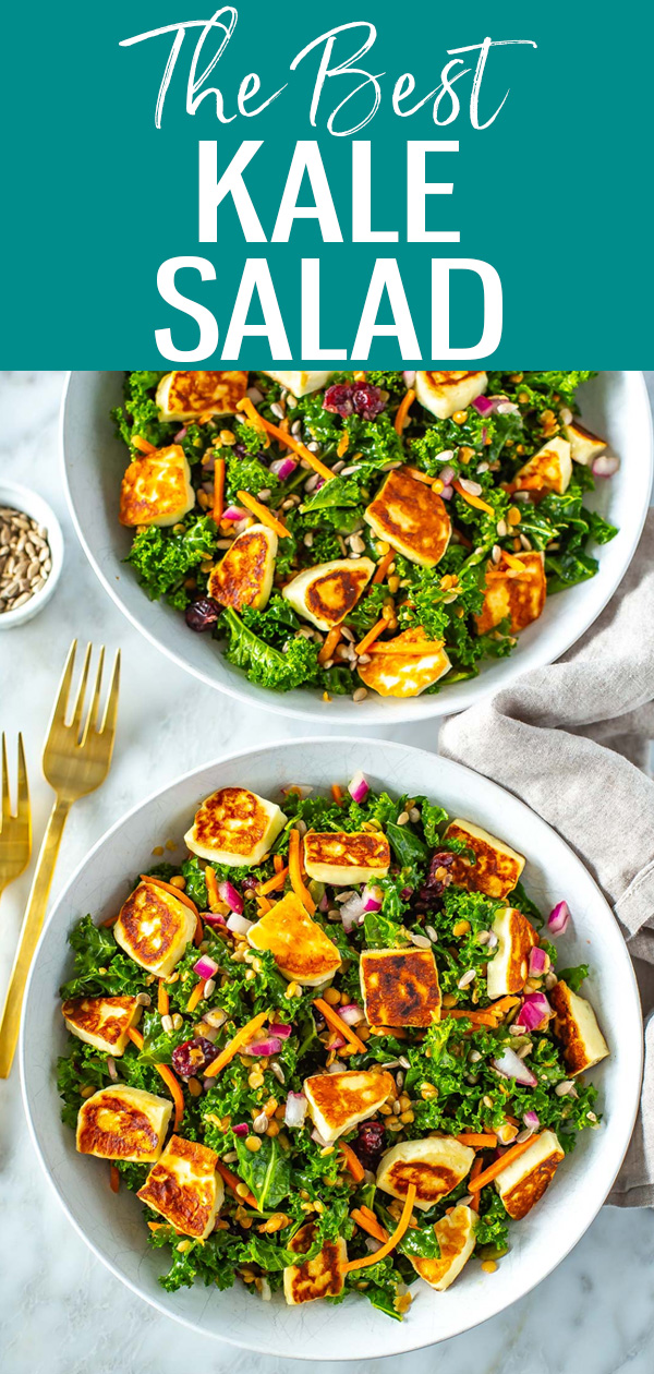 This Kale Salad is the best meal prep lunch! It's got protein with lentils and halloumi cheese, lots of veggies and a tasty dressing. #kalesalad #mealprep