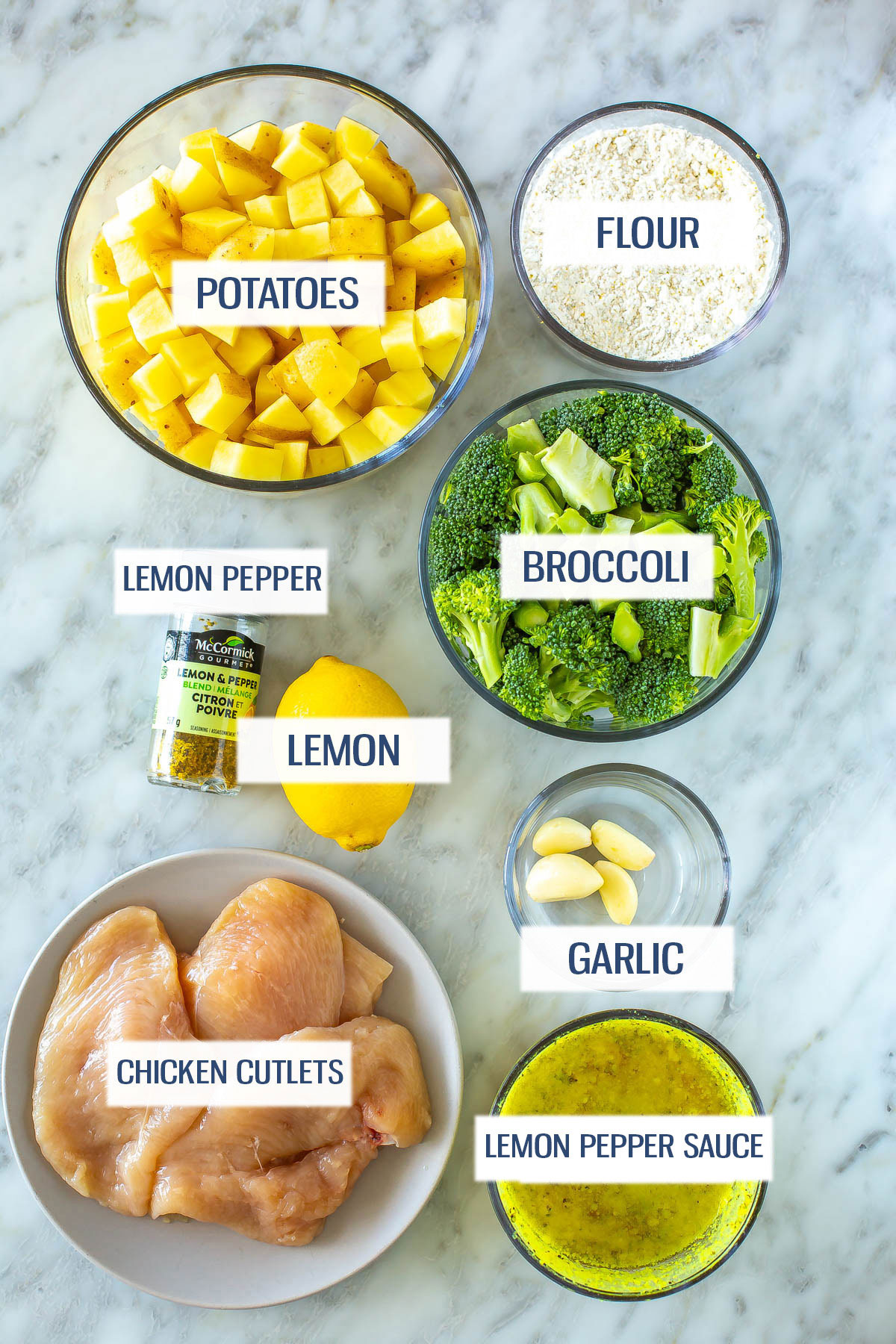 Ingredients for lemon pepper chicken: potatoes, flour, lemon pepper seasoning, lemon, broccoli, chicken cutlets, garlic, and lemon pepper sauce.