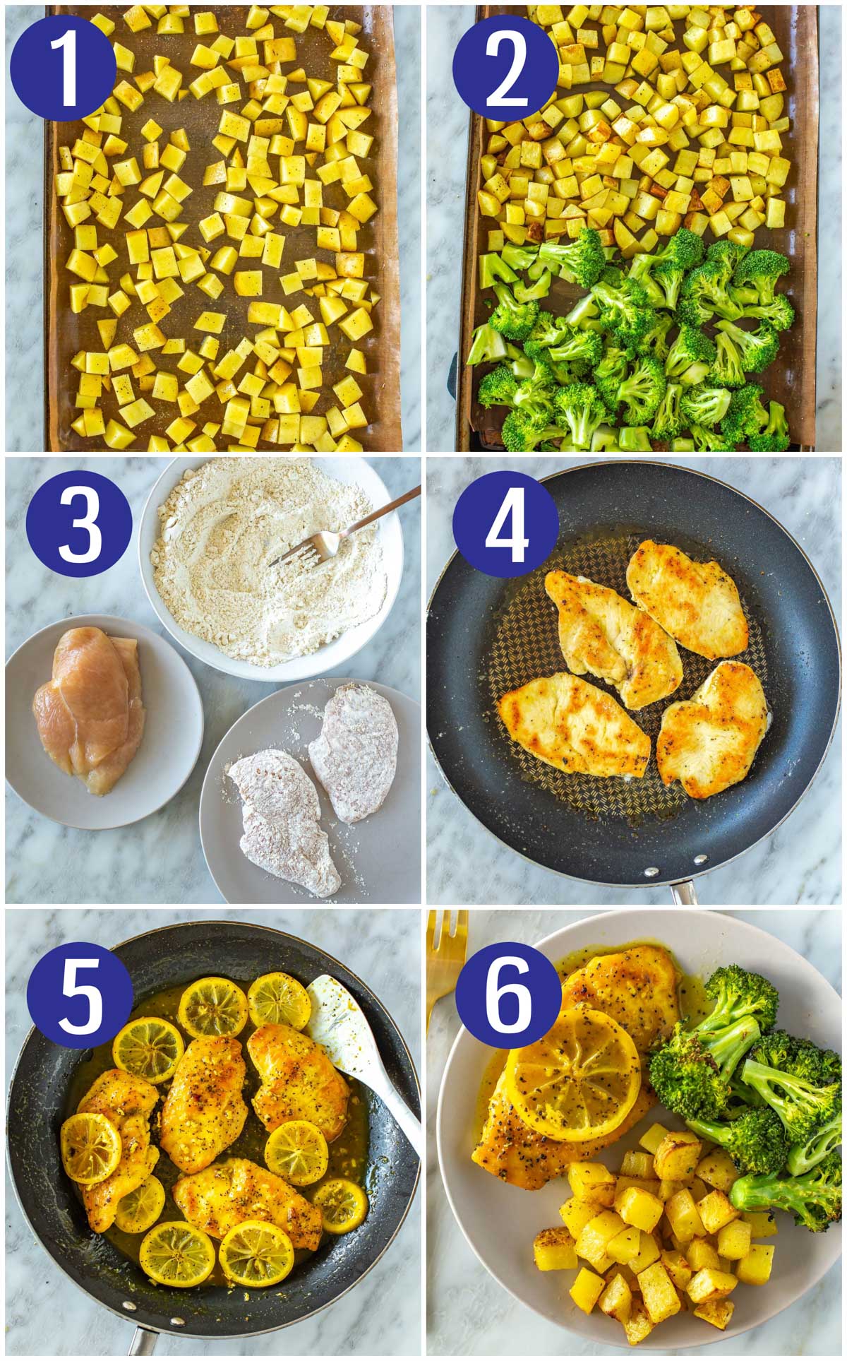 Step-by-step instructions collage for making lemon pepper chicken: roast potatoes, add broccoli in the last 10 minutes of cook time, coat chicken in lemon pepper/flour mixture, cook chicken on the skillet, make sauce, and serve.