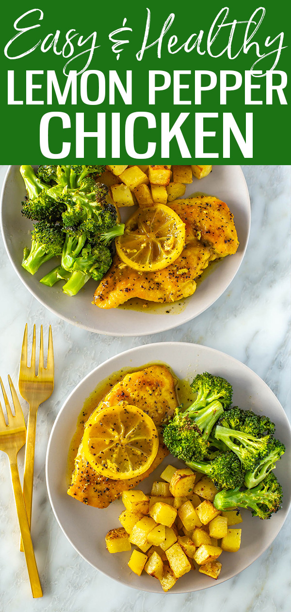 This Lemon Pepper Chicken comes together so easily in a skillet with the most delicious sauce! Serve it with roasted potatoes and broccoli. #lemonpepper #chicken #skilletdinner