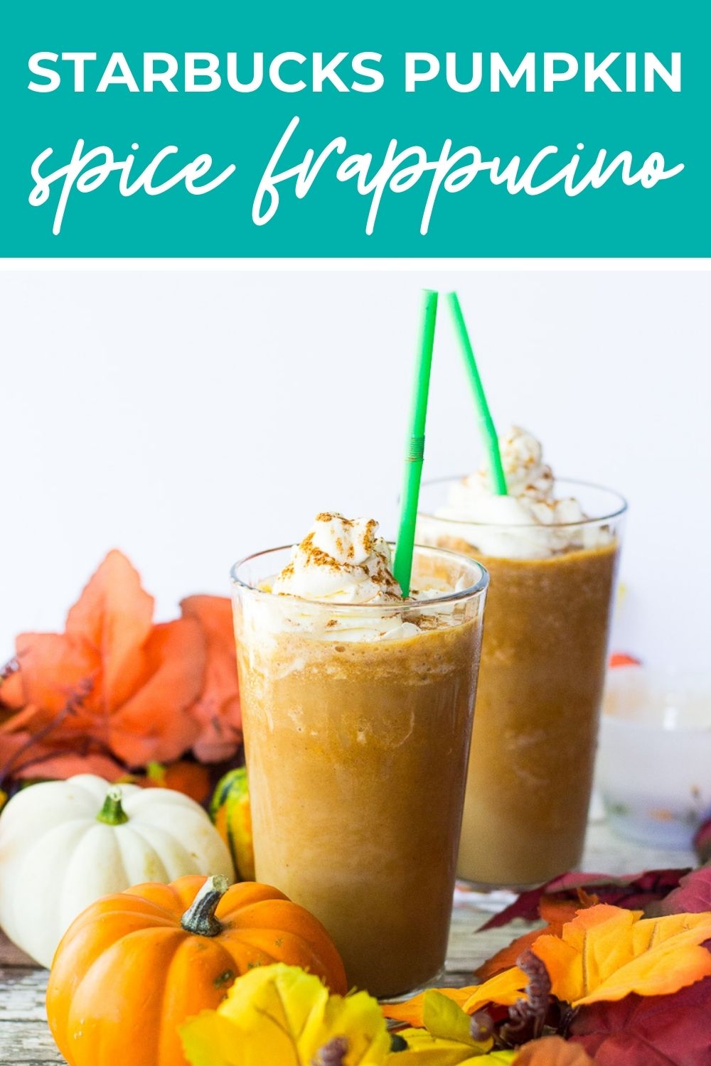 Pumpkin spice frappucino, with text that says 'Pumpkin Spice Frappucino'